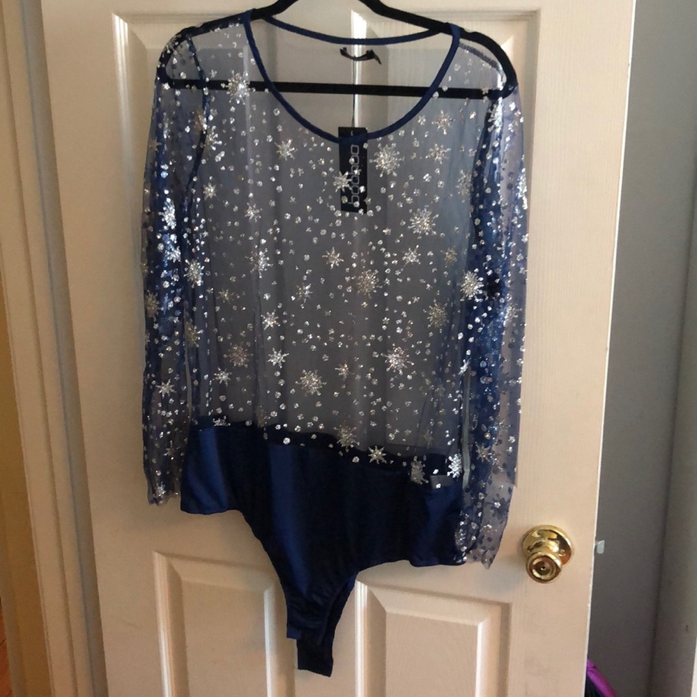NEVER BEEN WORN navy mesh glitter bodysuit